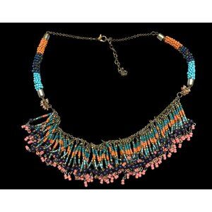 Vintage Bohemian Beaded Tassel Statement Necklace Handcrafted Multicolor Seed Be